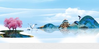 水彩山水风景画房地产宣传蓝色背景海报